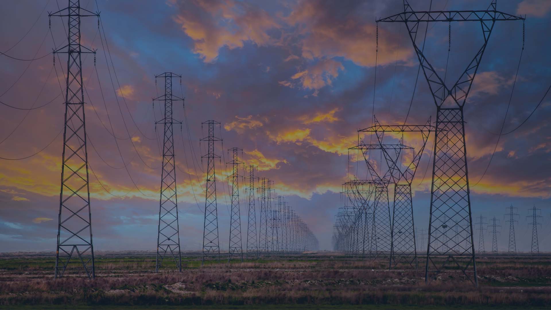 Transmission tower at dawn over forest